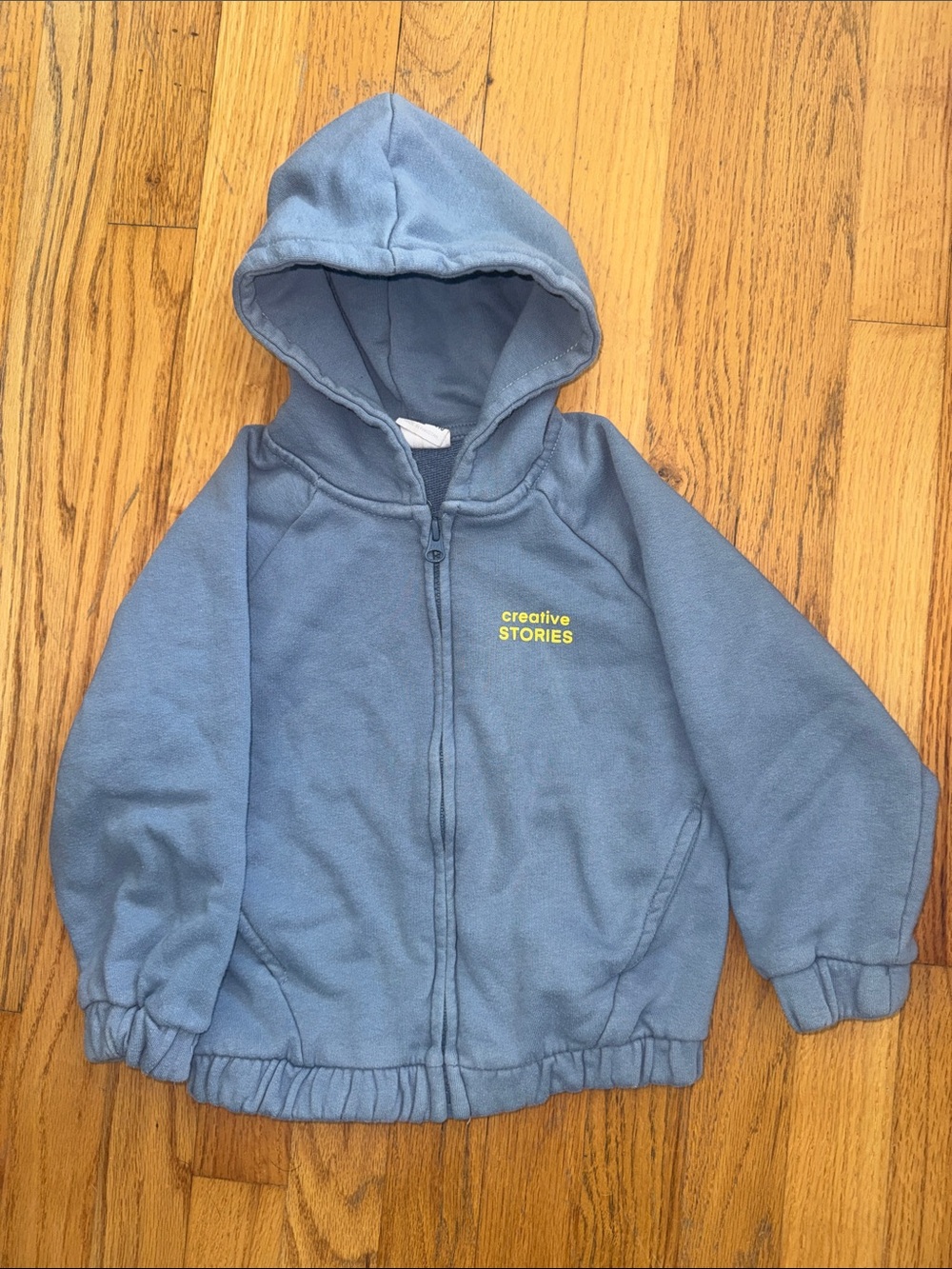 Zara Light Blue Hooded Zip Sweatshirt with "creative STORIES" Chest Logo
